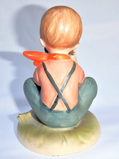 VINTAGE RED SCARF BOY STATUE playing harmonica, Made in Japan 1940's