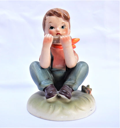 VINTAGE RED SCARF BOY STATUE playing harmonica, Made in Japan 1940's