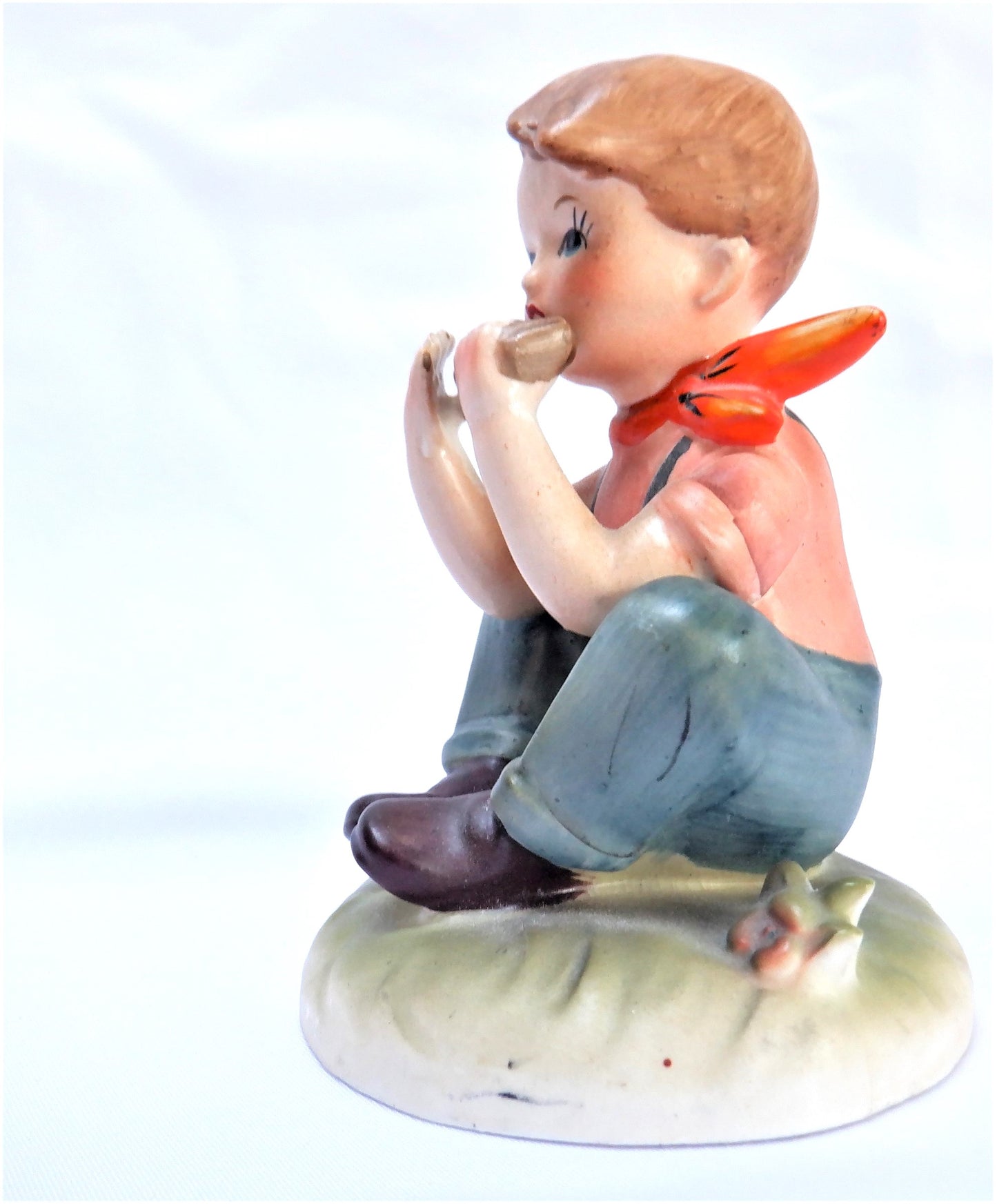 VINTAGE RED SCARF BOY STATUE playing harmonica, Made in Japan 1940's