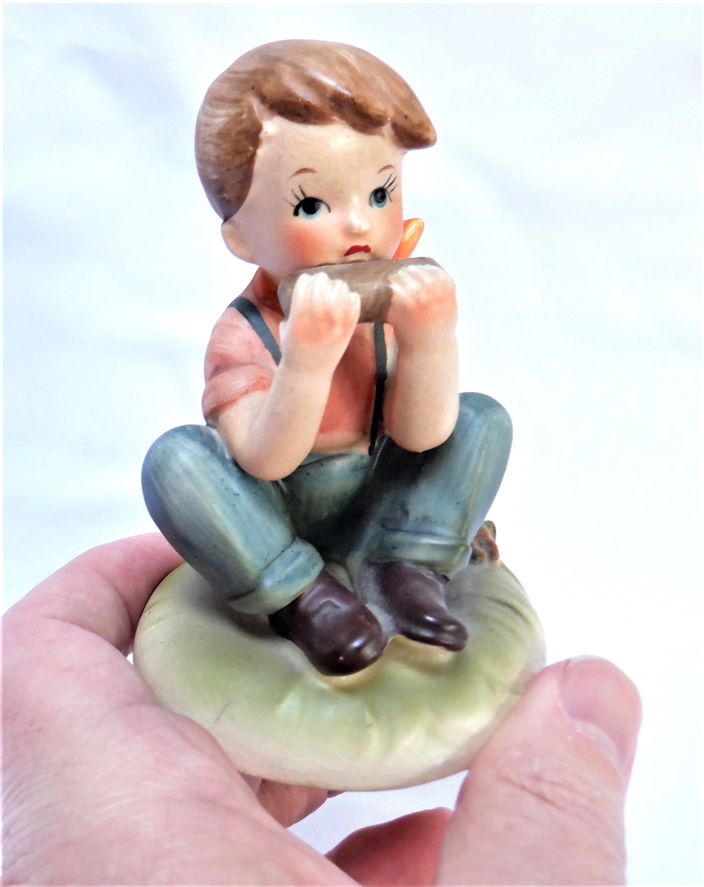 VINTAGE RED SCARF BOY STATUE playing harmonica, Made in Japan 1940's