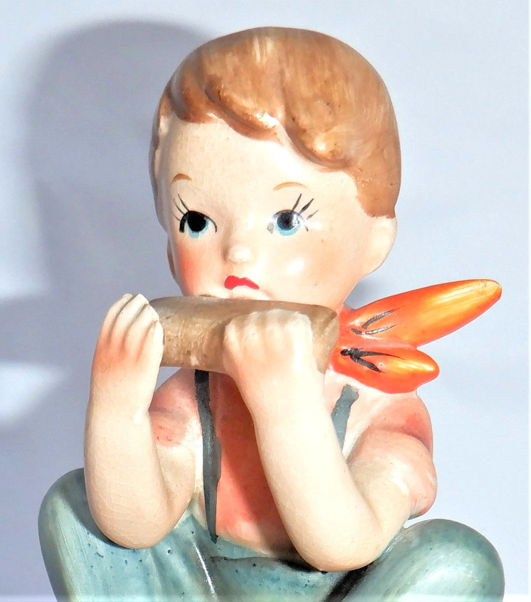 VINTAGE RED SCARF BOY STATUE playing harmonica, Made in Japan 1940's