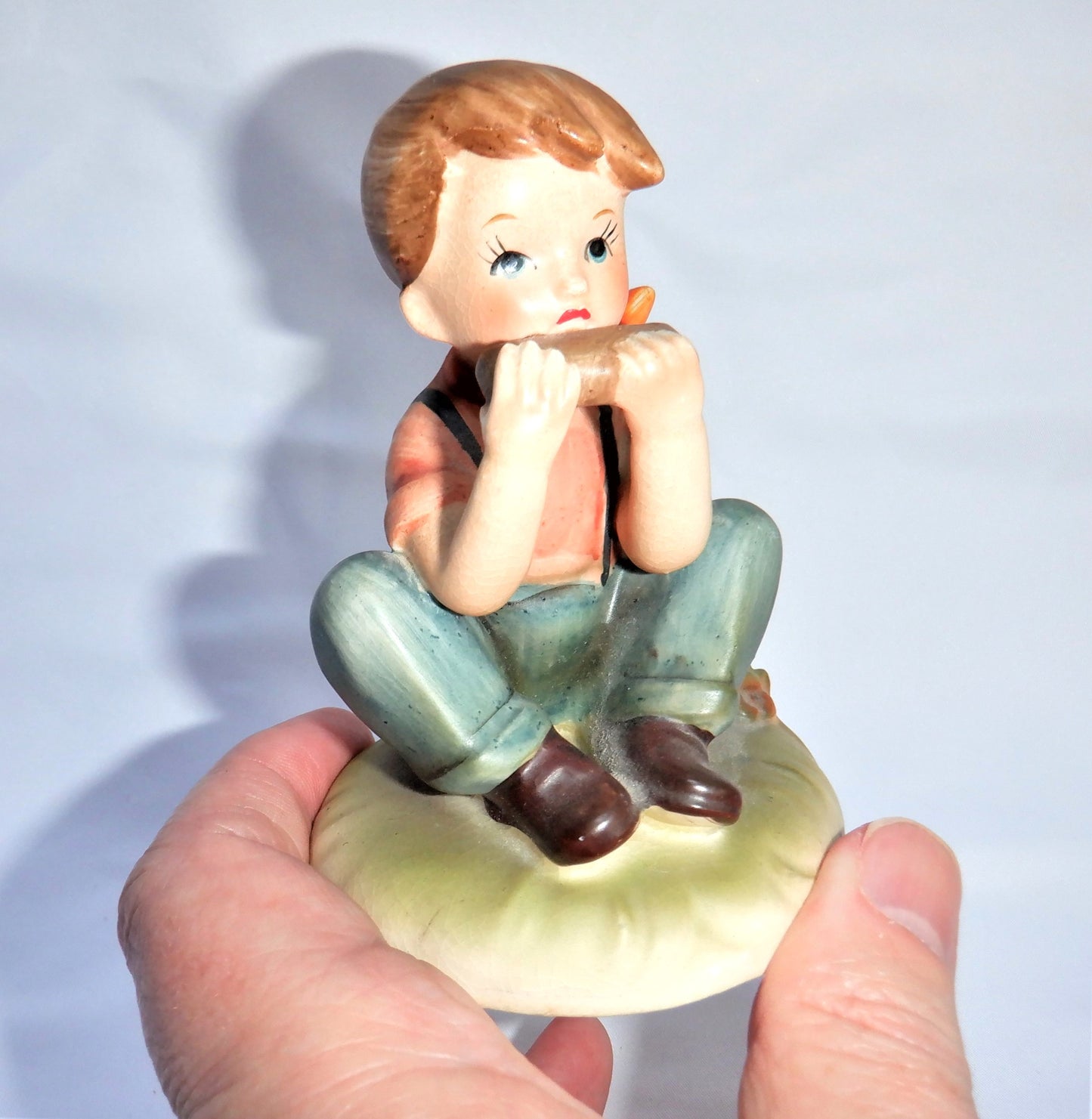 VINTAGE RED SCARF BOY STATUE playing harmonica, Made in Japan 1940's