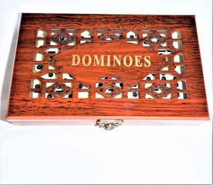 DELUXE DOMINOES SET, Brand New in Intricate Locking Rosewood Case