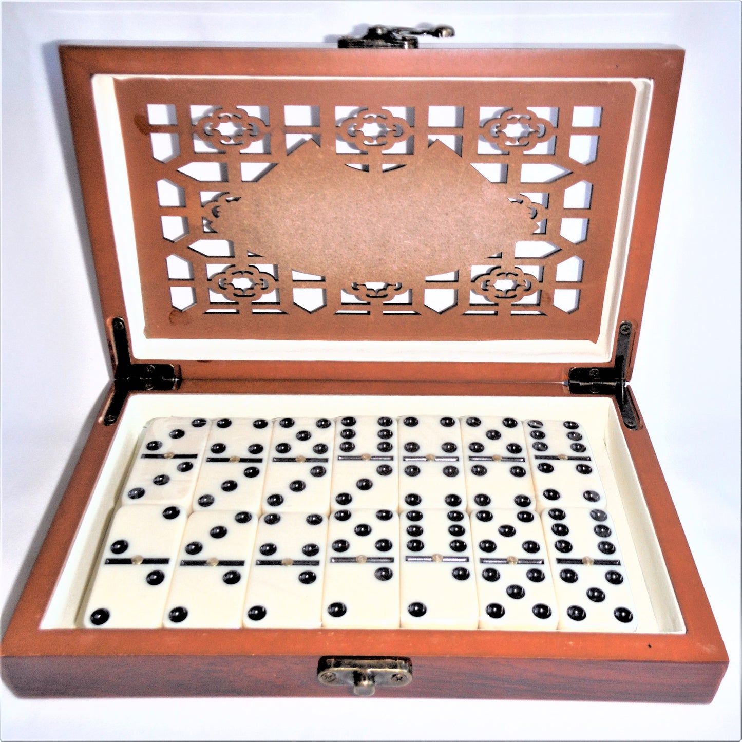 DELUXE DOMINOES SET, Brand New in Intricate Locking Rosewood Case