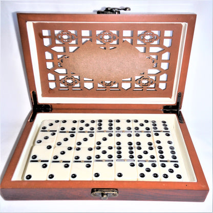 DELUXE DOMINOES SET, Brand New in Intricate Locking Rosewood Case