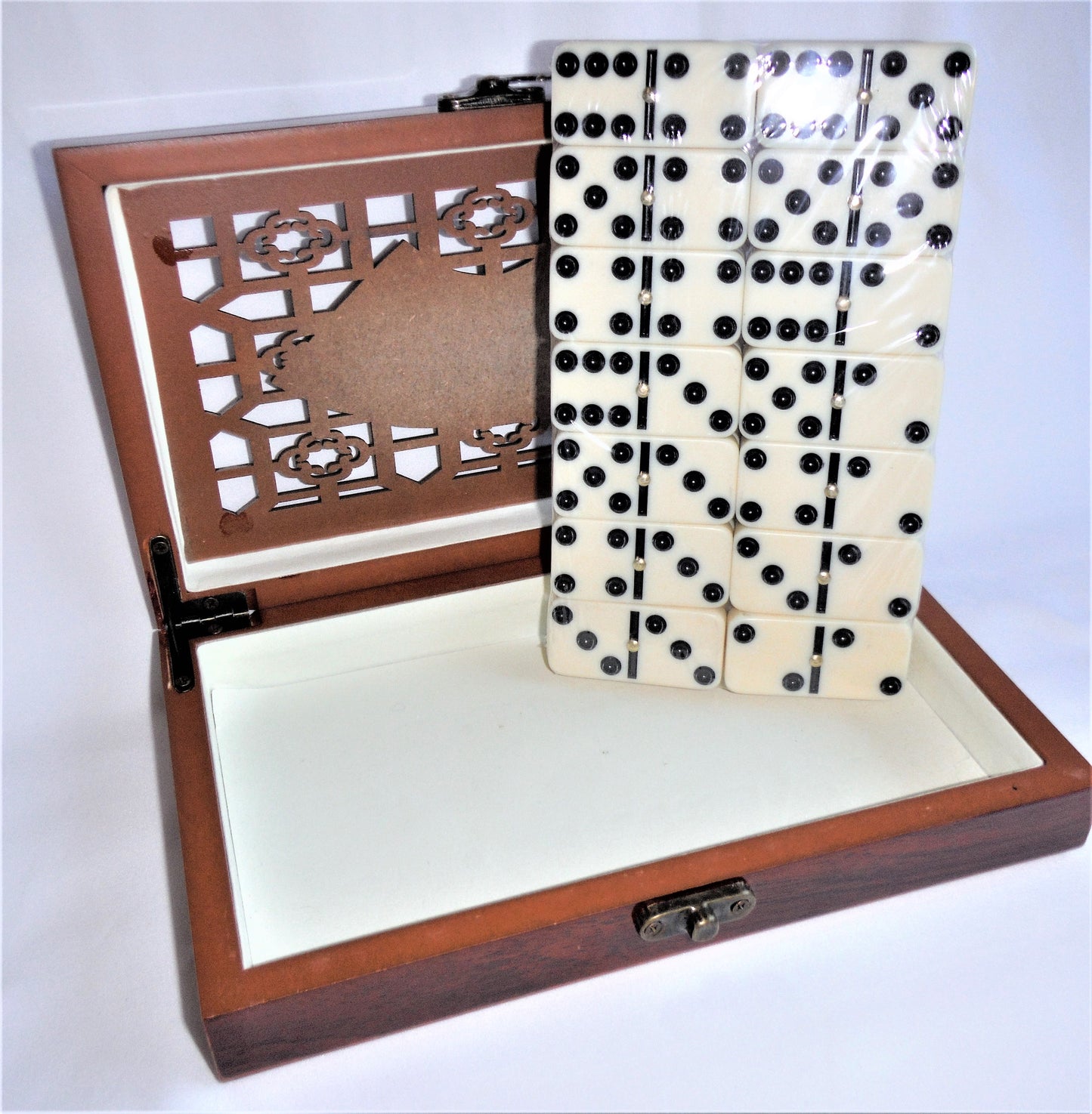 DELUXE DOMINOES SET, Brand New in Intricate Locking Rosewood Case