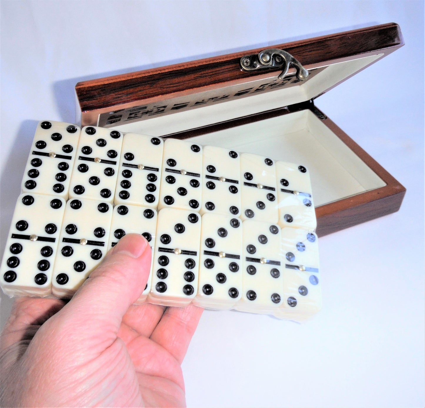 DELUXE DOMINOES SET, Brand New in Intricate Locking Rosewood Case