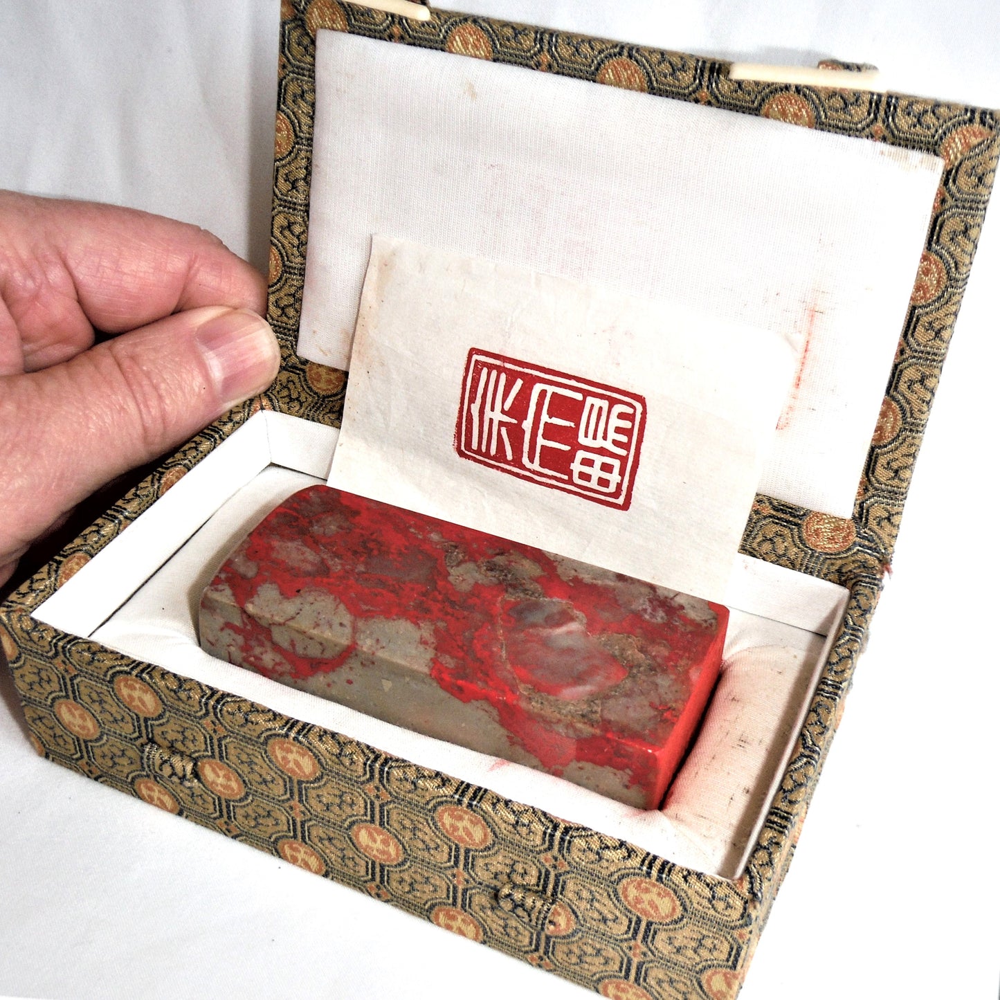 'VINTAGE CHINESE STAMP', Made of Red & Grey Stone with the original double-latched padded case