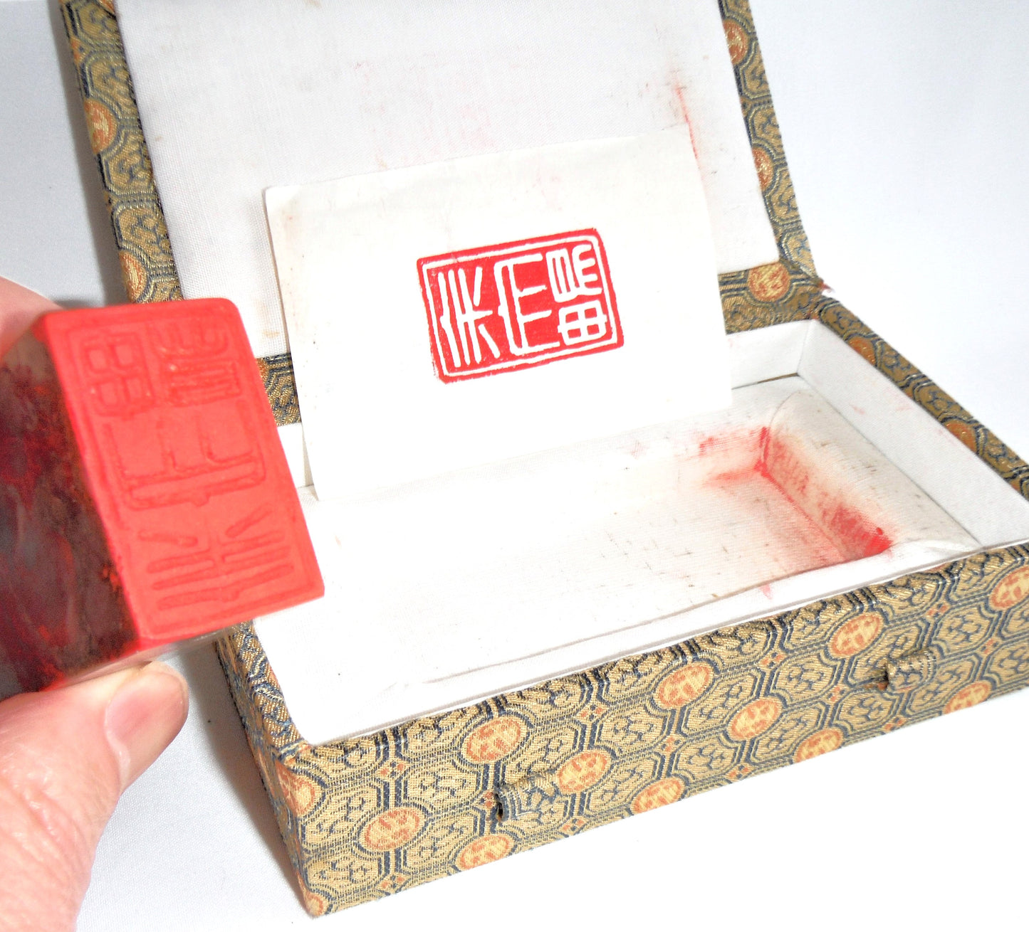 'VINTAGE CHINESE STAMP', Made of Red & Grey Stone with the original double-latched padded case