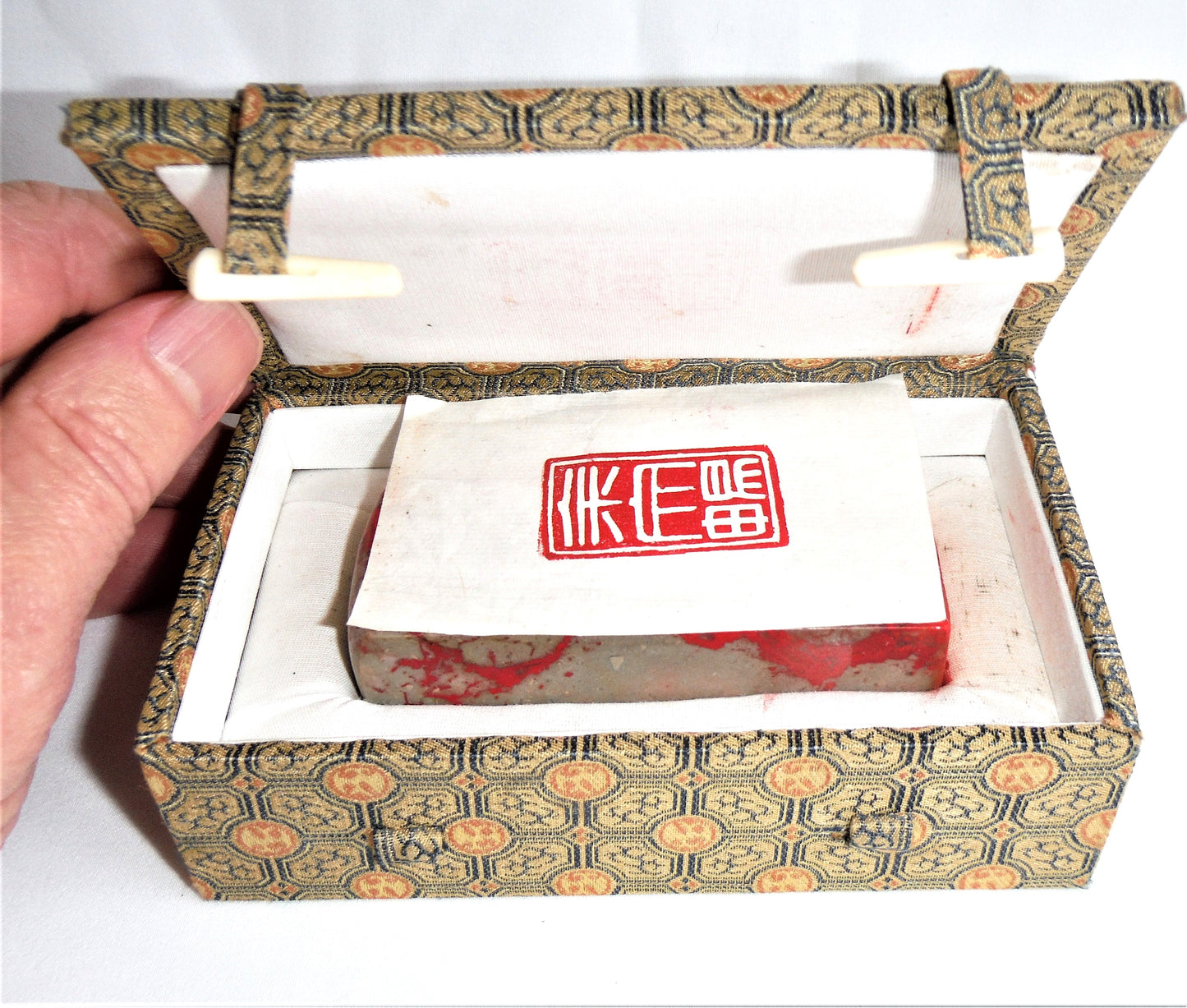 'VINTAGE CHINESE STAMP', Made of Red & Grey Stone with the original double-latched padded case