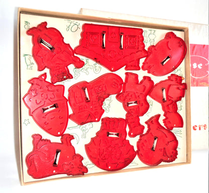 VINTAGE MOTHER GOOSE, Red Acrylic Cookie Cutter Set, 10-Piece in Original Box 1950's