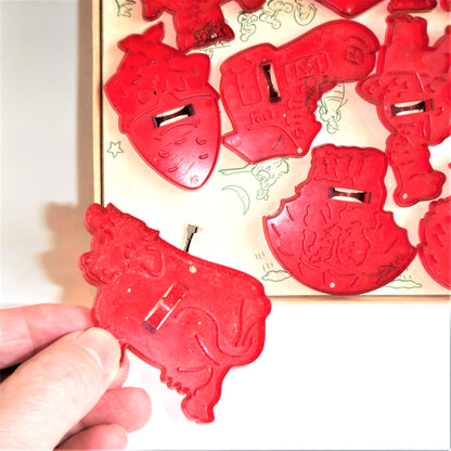 VINTAGE MOTHER GOOSE, Red Acrylic Cookie Cutter Set, 10-Piece in Original Box 1950's