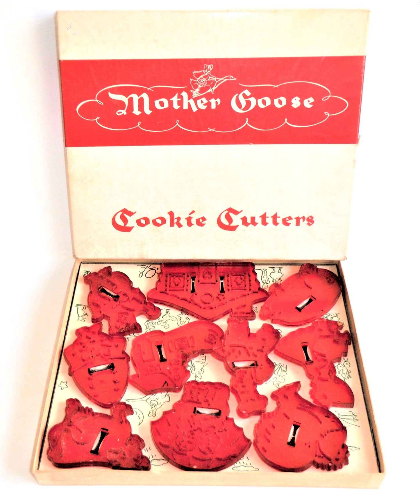 VINTAGE MOTHER GOOSE, Red Acrylic Cookie Cutter Set, 10-Piece in Original Box 1950's