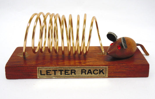 Vintage Wood & Brass MOUSE DESKTOP LETTER RACK, Made in Japan