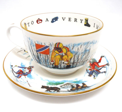 LARGE HOT CHOCOLATE SKIING MUG AND SAUCER: "To A Very Important Person" by Royal Worcester. Made in England