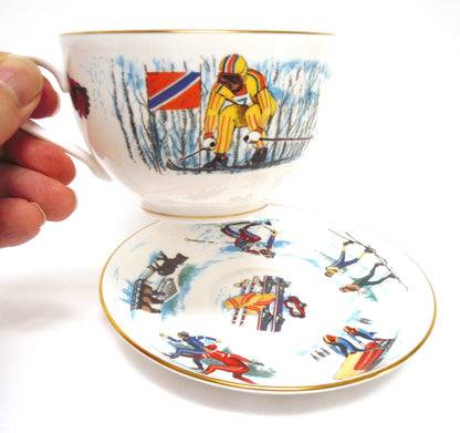 LARGE HOT CHOCOLATE SKIING MUG AND SAUCER: "To A Very Important Person" by Royal Worcester. Made in England