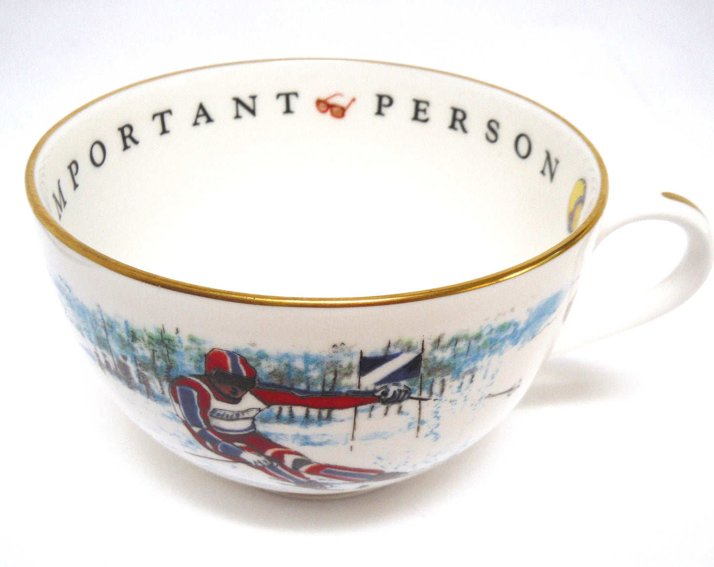 LARGE HOT CHOCOLATE SKIING MUG AND SAUCER: "To A Very Important Person" by Royal Worcester. Made in England