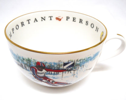 LARGE HOT CHOCOLATE SKIING MUG AND SAUCER: "To A Very Important Person" by Royal Worcester. Made in England