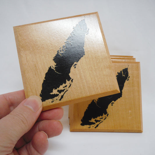 SOLID WOOD SQUARE COASTERS Set of 4 Brand New! Black Map of Vancouver Island, British Columbia