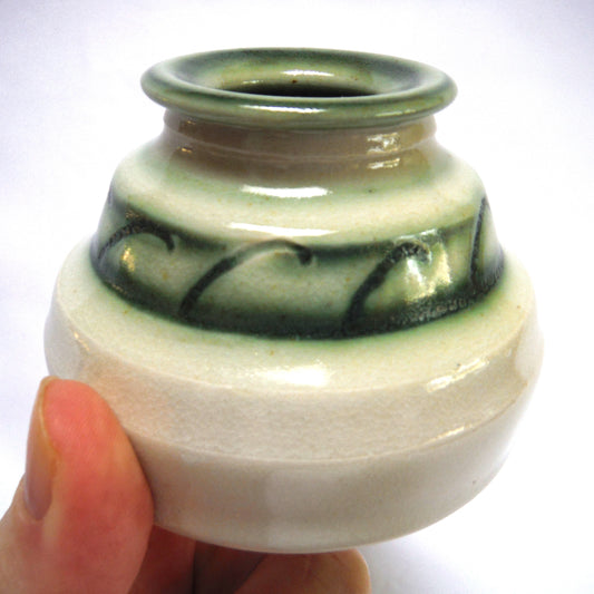 Vintage Miniature Vase, A Mid-Century Studio Potter Piece in Beige and Hunter Green