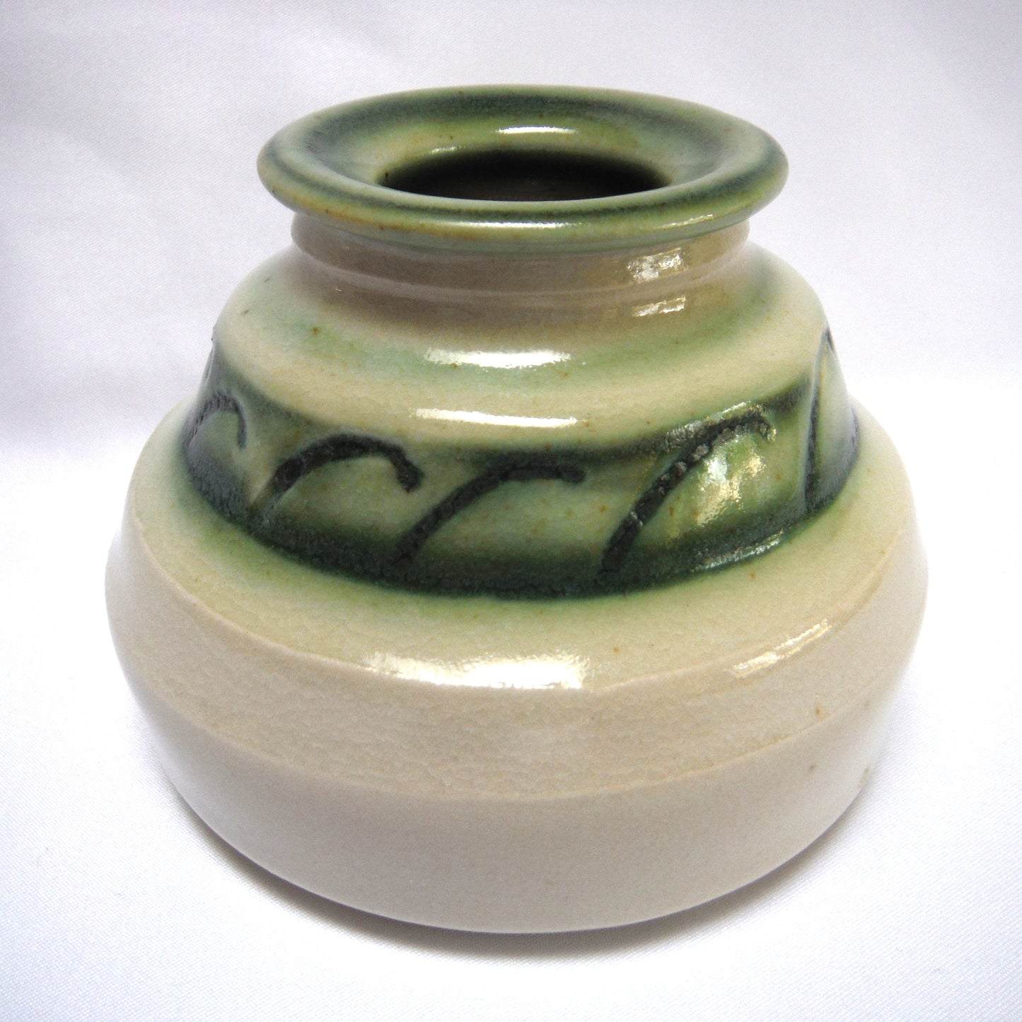 Vintage Miniature Vase, A Mid-Century Studio Potter Piece in Beige and Hunter Green