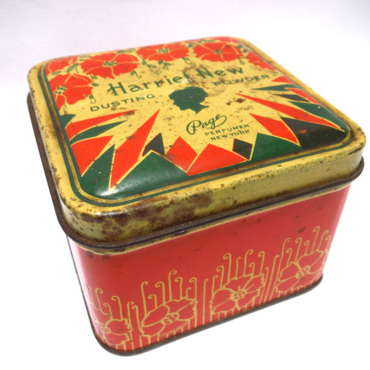 AUTHENTIC ANTIQUE ART DECO TIN CONTAINER: HARRIET NEW Dusting Powder, by Page Perfumer of New York, 1930's