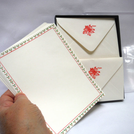 VINTAGE WRITING SET BY CARLTON CARDS CANADA: 'Christmas Holly Trim, Gift Boxed 16 each decorated sheets, plain sheets and envelopes