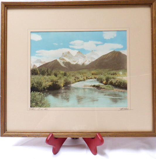 THE THREE SISTERS MOUNTAINS, An Alberta CANADA B&W Hand-Tinted Photograph by GEORGE NOBLE