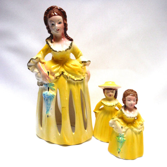 VINTAGE YELLOW NAPKIN HOLDER, SALT, PEPPER SHAKER: 'Victorian Lady & The Daughters' 3-PC Set