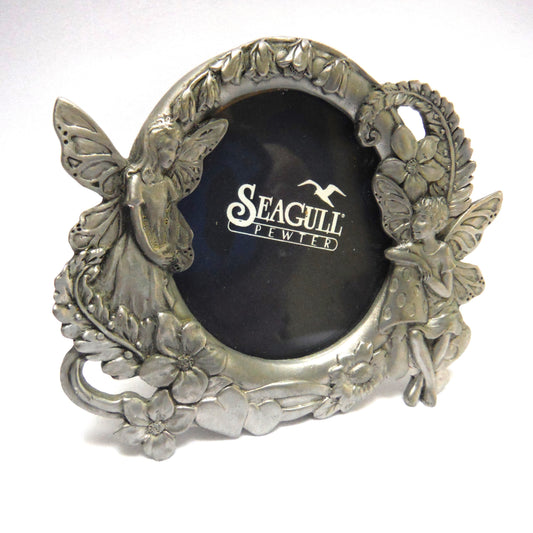 MINI PEWTER FRAME by Seagull Pewter Products of Nova Scotia Canada: 'BOY & GIRL GARDEN FAIRIES'