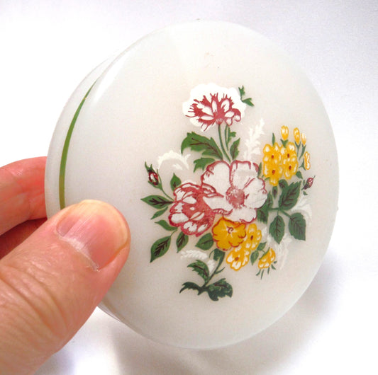 Vintage 1960's Round Celluloid Trinket Box with Hinged-Lid: 'PINK AND YELLOW BOUQUET'