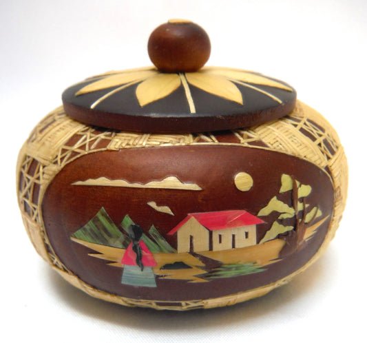 Vintage Handmade Round Wooden Trinket Bowl, with inlaid Village Scene