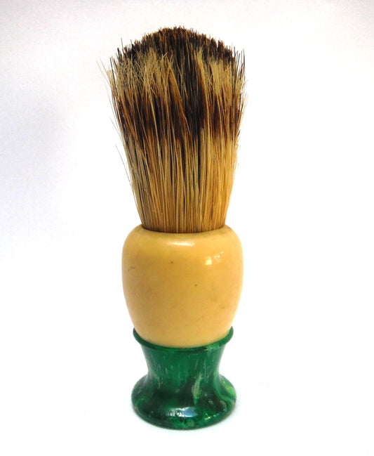 VINTAGE T.S. SIMMS LATHER BRUSH, in Taupe Finish with a Beautiful Green Bakelite Handle