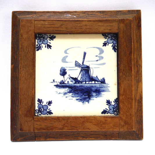 Mid-Century Wood Framed Windmill Tile by DELFT BLUE of Holland