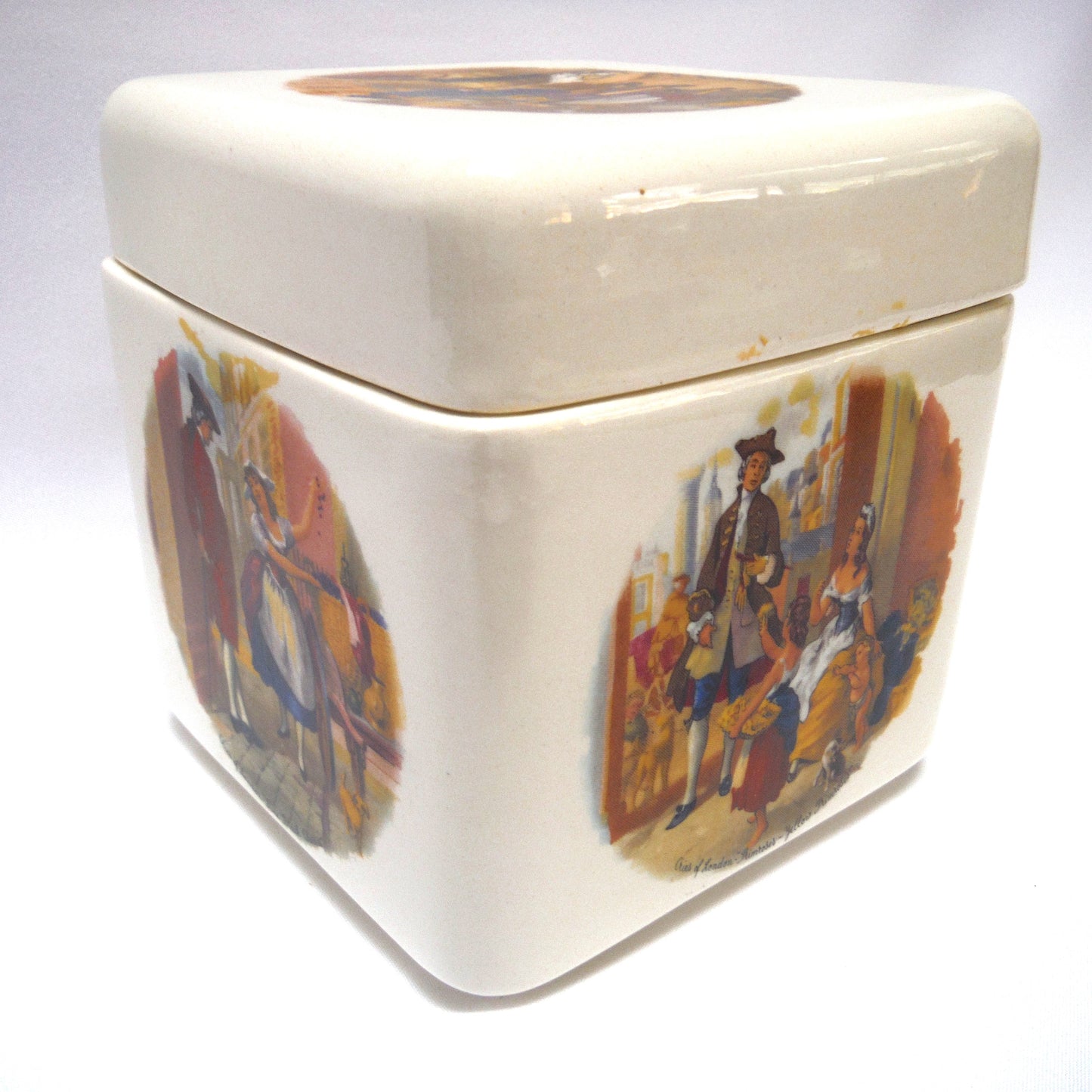 VINTAGE TWINING & COMPANY of LONDON,  PORCELAIN TEA CADDY in a Victorian Illustrated Design