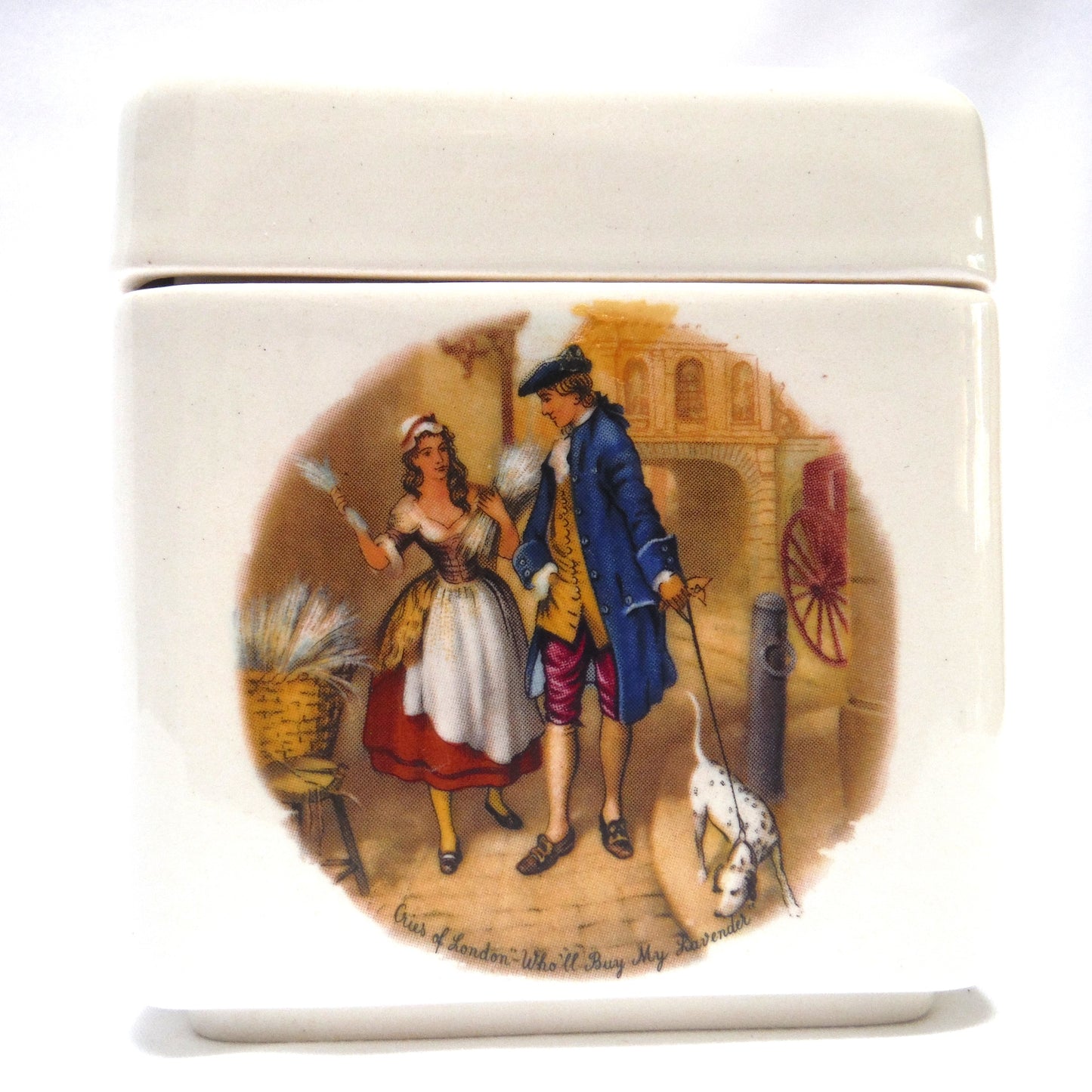 VINTAGE TWINING & COMPANY of LONDON,  PORCELAIN TEA CADDY in a Victorian Illustrated Design