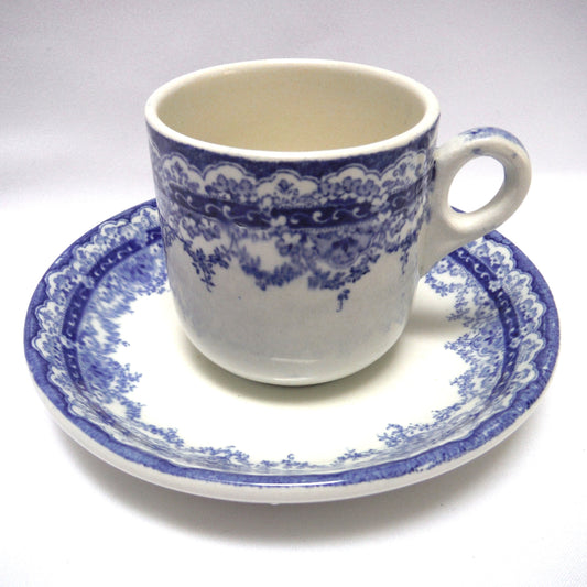 1955 Rare Vintage John Maddock Blue and White DEMITASSE CUP AND SAUCER, Made in England for Marshall Wells.