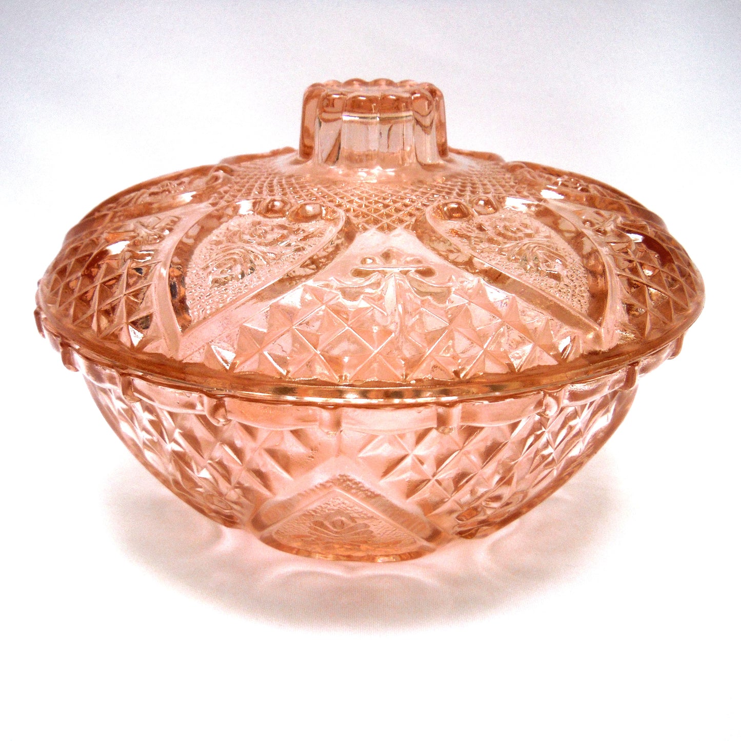 VINTAGE ROUND CANDY DISH AND LID, in Indonesian Pink Rose Glass