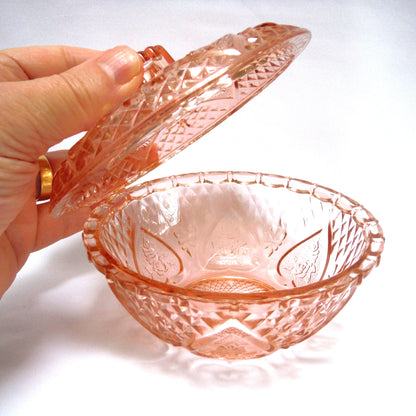 VINTAGE ROUND CANDY DISH AND LID, in Indonesian Pink Rose Glass