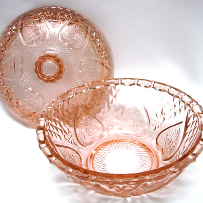 VINTAGE ROUND CANDY DISH AND LID, in Indonesian Pink Rose Glass