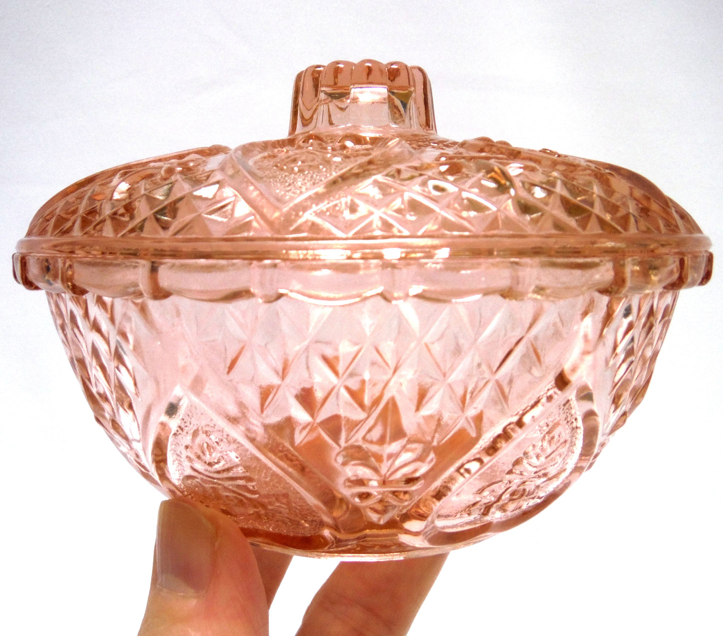 VINTAGE ROUND CANDY DISH AND LID, in Indonesian Pink Rose Glass