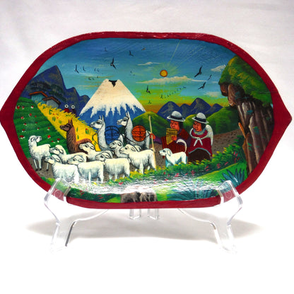 ECUADORIAN WOODEN HAND CARVED BOWL, with a hand-painted Indigenous Ecuador Folk-Art Scene