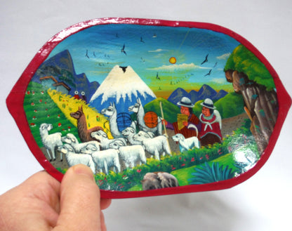 ECUADORIAN WOODEN HAND CARVED BOWL, with a hand-painted Indigenous Ecuador Folk-Art Scene