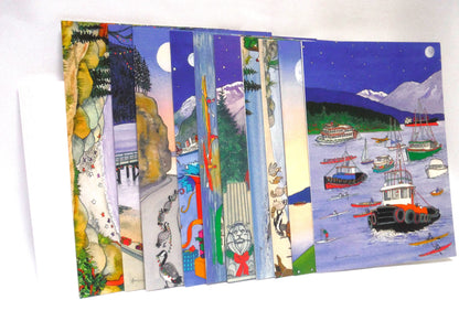 VINTAGE PACK OF 10 CHRISTMAS CARDS, Featuring Granville Island 2002, by Hilary Morris