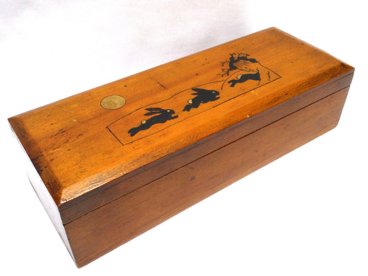 ANTIQUE HAND-MADE WOODEN PENCIL BOX: Featuring Hand-Painted Folk Art Style Bouncing Bunnies!