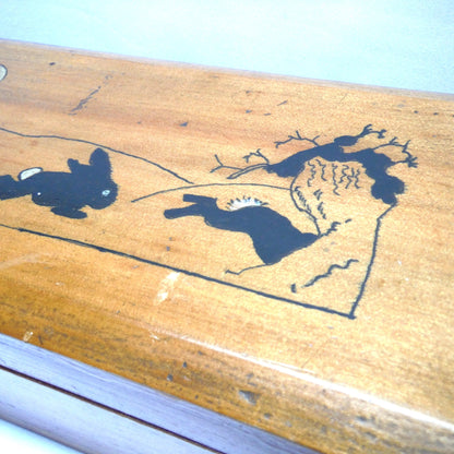 ANTIQUE HAND-MADE WOODEN PENCIL BOX: Featuring Hand-Painted Folk Art Style Bouncing Bunnies!