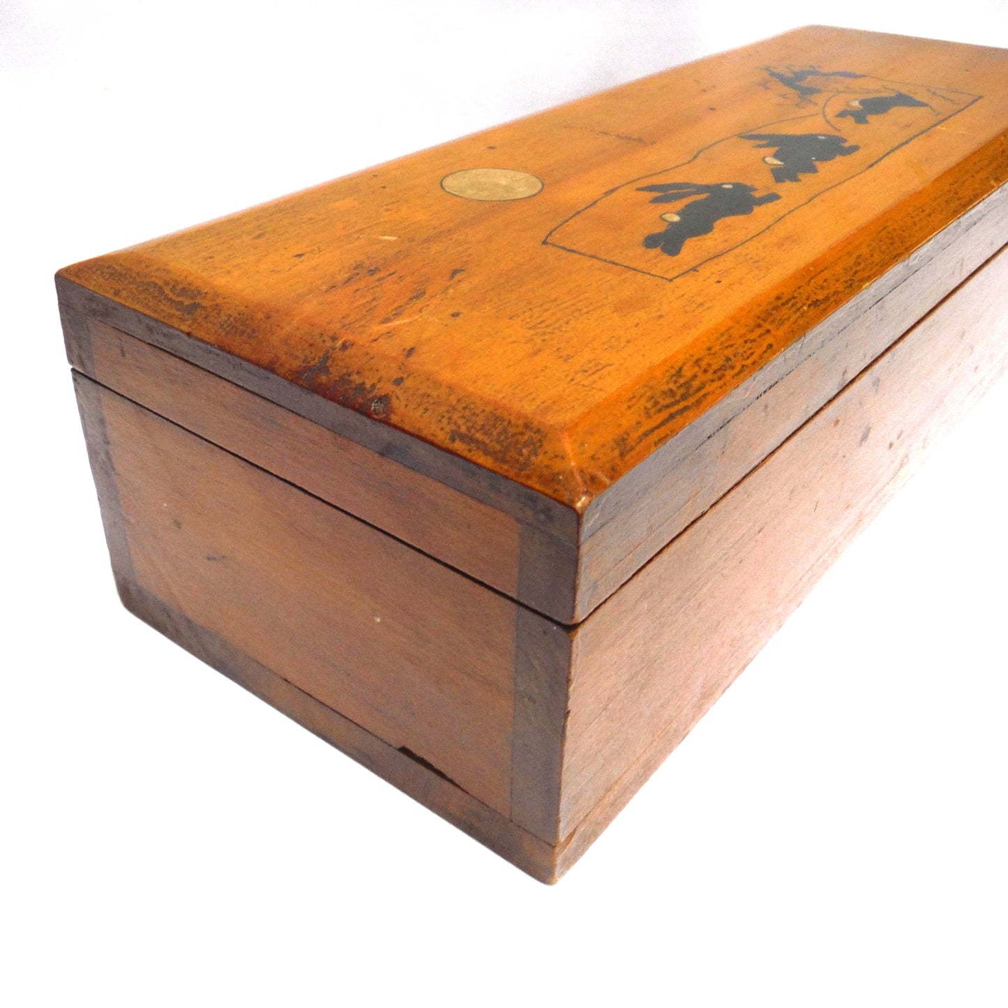 ANTIQUE HAND-MADE WOODEN PENCIL BOX: Featuring Hand-Painted Folk Art Style Bouncing Bunnies!