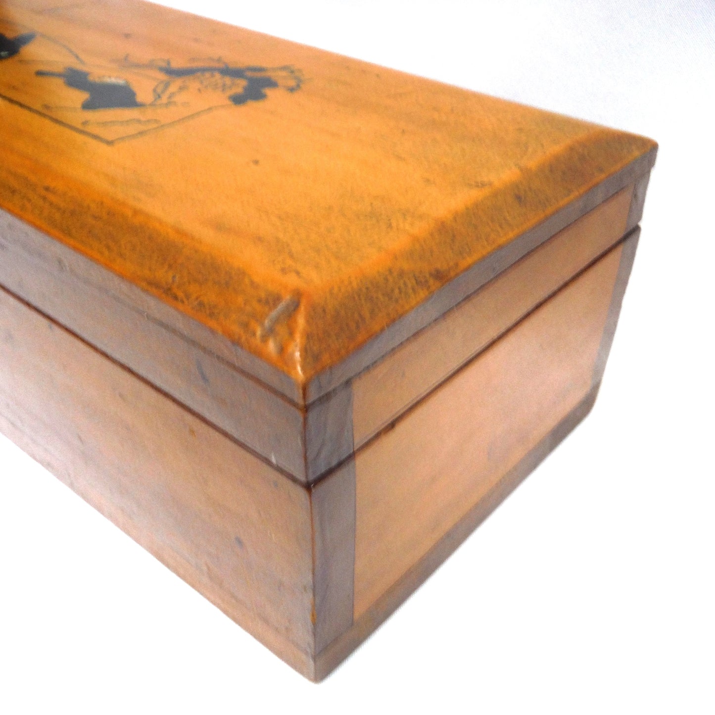 ANTIQUE HAND-MADE WOODEN PENCIL BOX: Featuring Hand-Painted Folk Art Style Bouncing Bunnies!