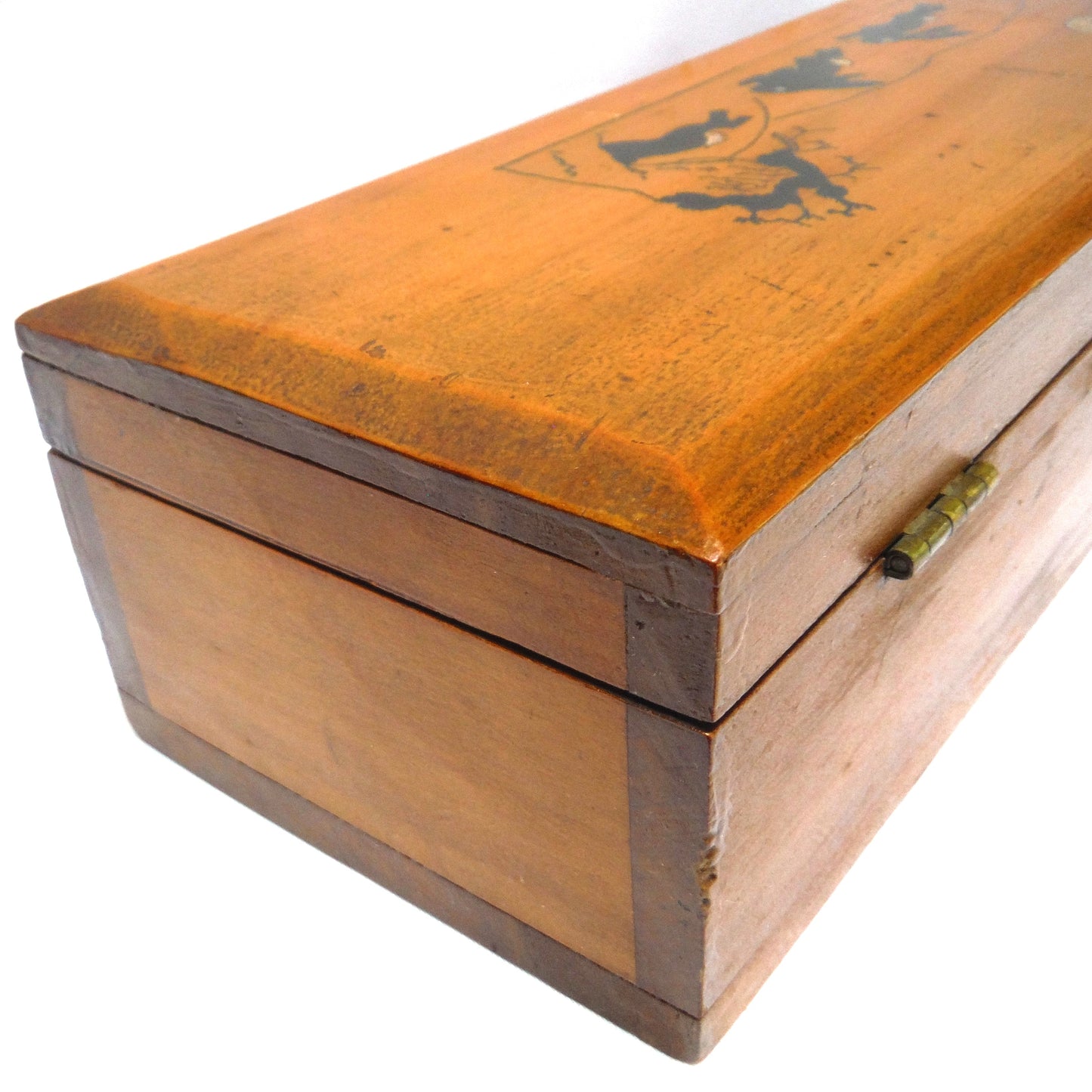 ANTIQUE HAND-MADE WOODEN PENCIL BOX: Featuring Hand-Painted Folk Art Style Bouncing Bunnies!