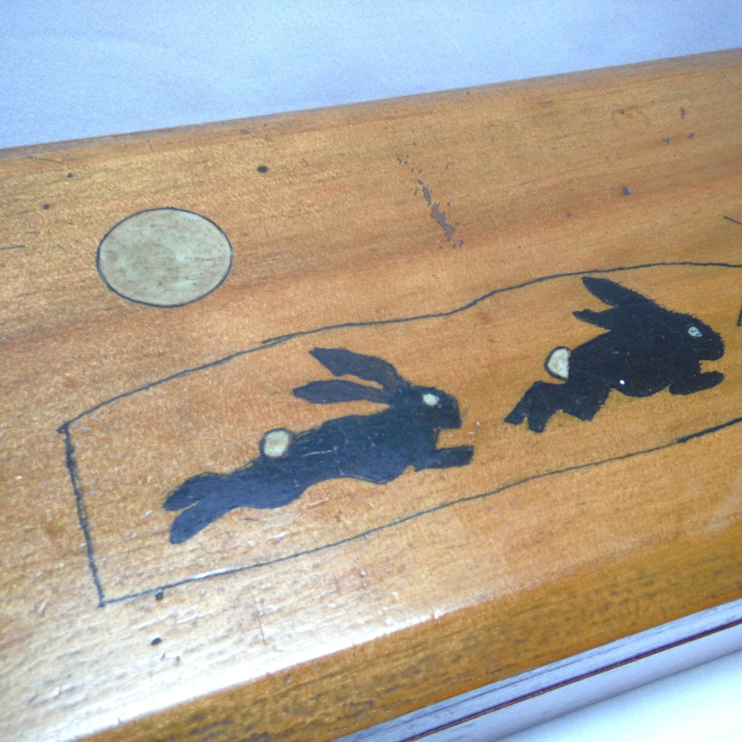 ANTIQUE HAND-MADE WOODEN PENCIL BOX: Featuring Hand-Painted Folk Art Style Bouncing Bunnies!